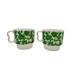 Vintage 70's Retro Stackable Japan Heart Handle Coffee Mugs Green Floral Set 2